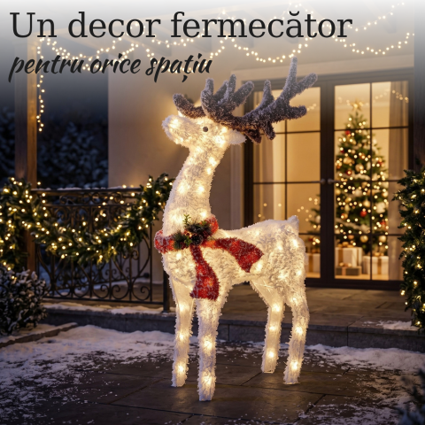 Ren luminos decorativ de Crăciun cu LED-uri lumină caldă, 120 x 60 cm, alb cu efect de zăpadă, coarne maro, fular roșu și conuri decorative, figurină ren Crăciun, ornament luminos festiv de iarnă [1]