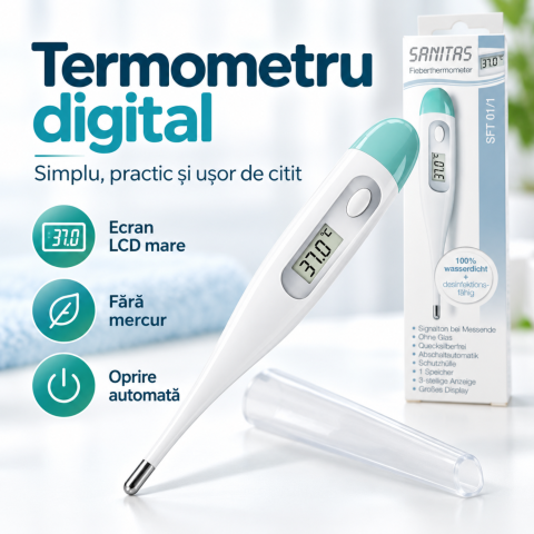 Termometru digital medical Sanitas SFT 01/1 pentru copii si adulti, ecran LCD, fara mercur, alb turcoaz [1]