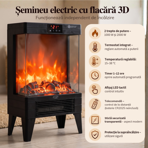 Șemineu electric Adler AD 7755 LED 2000W cu flacără 3D, termostat și telecomandă, negru [4]