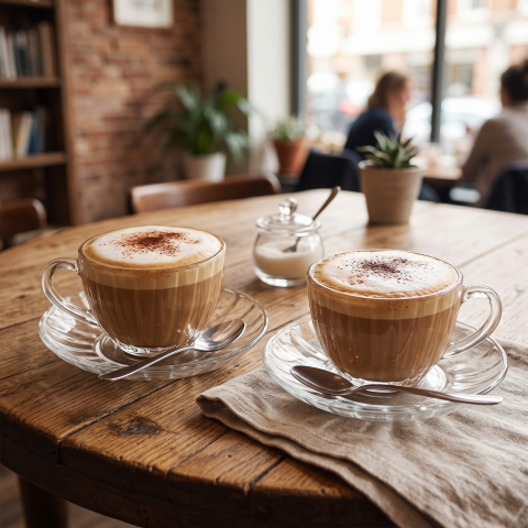 Set cești cu farfurioare din sticlă 210 ml Delisoga, cești transparente cu mâner și model striat, pentru cafea, flat white, cappuccino, ceai și desert, set servire cafea din sticlă, 12 piese [1]