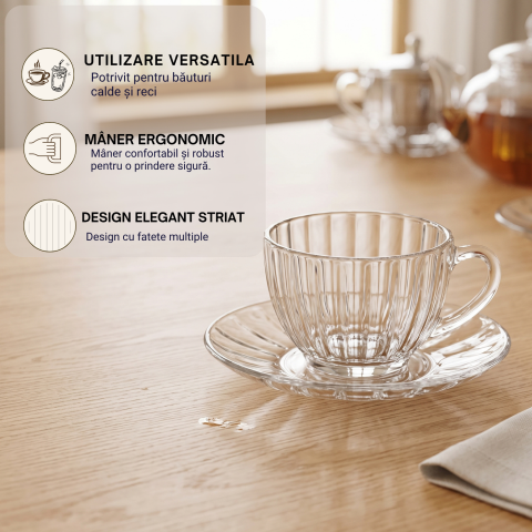 Set cești cu farfurioare din sticlă 210 ml Delisoga, cești transparente cu mâner și model striat, pentru cafea, flat white, cappuccino, ceai și desert, set servire cafea din sticlă, 12 piese [2]