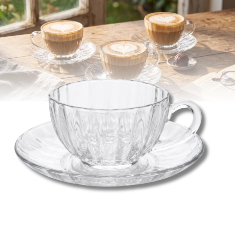 Set cești cu farfurioare din sticlă 210 ml Delisoga, cești transparente cu mâner și model striat, pentru cafea, flat white, cappuccino, ceai și desert, set servire cafea din sticlă, 12 piese