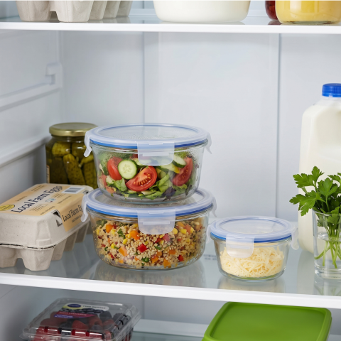 Set 3 caserole rotunde din sticlă cu capac 400 ml, 630 ml și 950 ml, Delisoga GreenApple, recipiente pentru depozitare alimente, mâncare la pachet și meal prep, capace cu cleme, frigider [2]