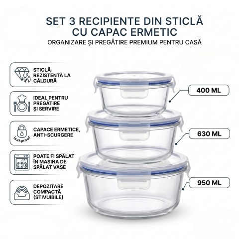 Set 3 caserole rotunde din sticlă cu capac 400 ml, 630 ml și 950 ml, Delisoga GreenApple, recipiente pentru depozitare alimente, mâncare la pachet și meal prep, capace cu cleme, frigider [3]