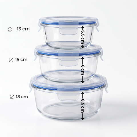 Set 3 caserole rotunde din sticlă cu capac 400 ml, 630 ml și 950 ml, Delisoga GreenApple, recipiente pentru depozitare alimente, mâncare la pachet și meal prep, capace cu cleme, frigider [4]