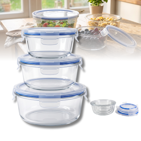 Set 3 caserole rotunde din sticlă cu capac 400 ml, 630 ml și 950 ml, Delisoga GreenApple, recipiente pentru depozitare alimente, mâncare la pachet și meal prep, capace cu cleme, frigider