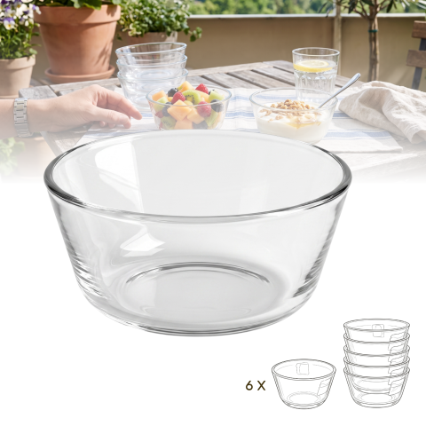 Set 6 boluri din sticlă Delisoga, boluri transparente pentru salate, cereale, iaurt, fructe, deserturi și înghețată, castroane din sticlă pentru micul dejun și porții individuale, 6 bucăți