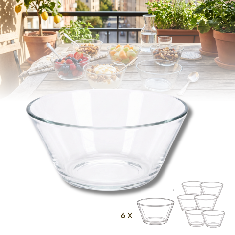 Set 6 boluri din sticlă 168 mm Delisoga, boluri transparente model clasic pentru salate, cereale, iaurt, fructe, deserturi și gustări, castroane din sticlă pentru servire, porții individuale