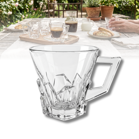 Set 6 căni din sticlă 155 ml Delisoga, căni mici transparente cu mâner și bază fațetată în relief, pentru cafea, ceai, espresso lung, lapte și desert, set căni sticlă pentru casă, 6 bucăți