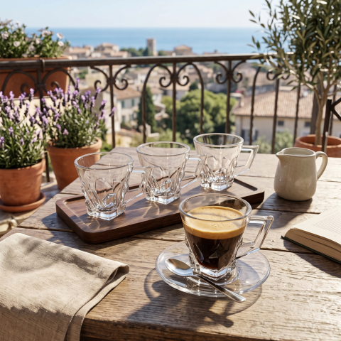 Set 6 căni din sticlă 155 ml Delisoga, căni mici transparente cu mâner și bază fațetată în relief, pentru cafea, ceai, espresso lung, lapte și desert, set căni sticlă pentru casă, 6 bucăți [1]