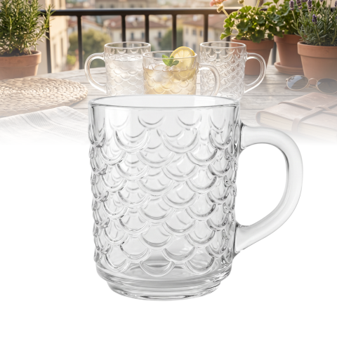 Set 6 căni din sticlă 240 ml Delisoga, căni transparente cu mâner și model texturat în relief, pentru ceai, cafea, lapte, cappuccino și băuturi reci, set căni sticlă pentru casă, 6 bucăți
