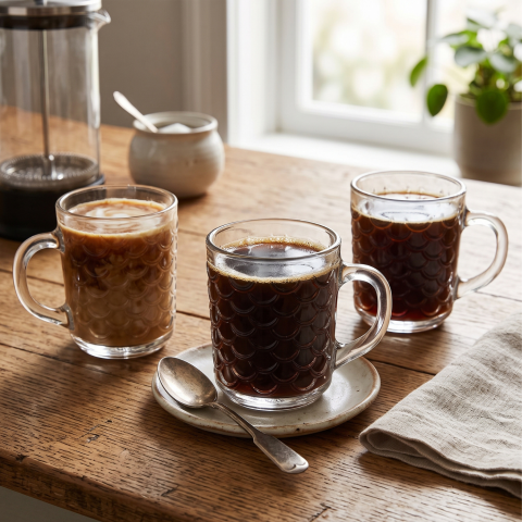 Set 6 căni din sticlă 240 ml Delisoga, căni transparente cu mâner și model texturat în relief, pentru ceai, cafea, lapte, cappuccino și băuturi reci, set căni sticlă pentru casă, 6 bucăți [1]