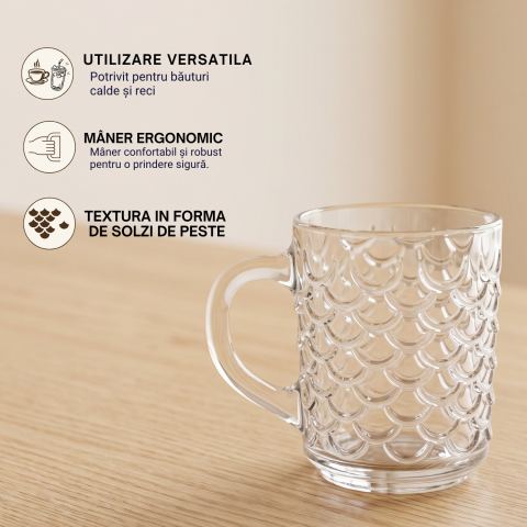 Set 6 căni din sticlă 240 ml Delisoga, căni transparente cu mâner și model texturat în relief, pentru ceai, cafea, lapte, cappuccino și băuturi reci, set căni sticlă pentru casă, 6 bucăți [3]