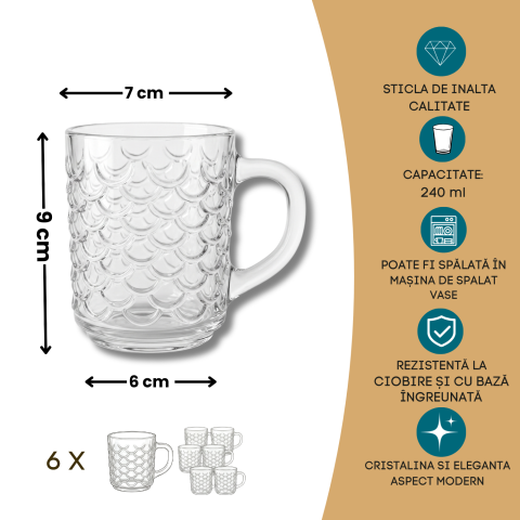 Set 6 căni din sticlă 240 ml Delisoga, căni transparente cu mâner și model texturat în relief, pentru ceai, cafea, lapte, cappuccino și băuturi reci, set căni sticlă pentru casă, 6 bucăți [4]