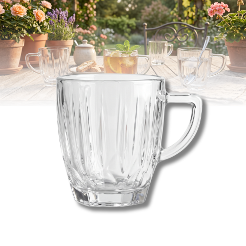 Set 6 căni din sticlă 250 ml Delisoga, căni transparente cu mâner și model striat în relief, pentru cafea, ceai, lapte, latte, cappuccino și ciocolată caldă, set căni sticlă pentru casă, 6 bucăți