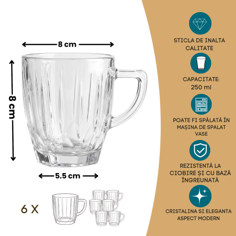 Set 6 căni din sticlă 250 ml Delisoga, căni transparente cu mâner și model striat în relief, pentru cafea, ceai, lapte, latte, cappuccino și ciocolată caldă, set căni sticlă pentru casă, 6 bucăți [4]
