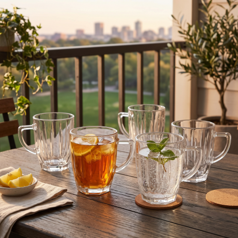 Set 6 căni din sticlă 250 ml Delisoga, căni transparente cu mâner și model striat în relief, pentru cafea, ceai, lapte, latte, cappuccino și ciocolată caldă, set căni sticlă pentru casă, 6 bucăți [1]