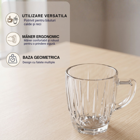 Set 6 căni din sticlă 250 ml Delisoga, căni transparente cu mâner și model striat în relief, pentru cafea, ceai, lapte, latte, cappuccino și ciocolată caldă, set căni sticlă pentru casă, 6 bucăți [3]