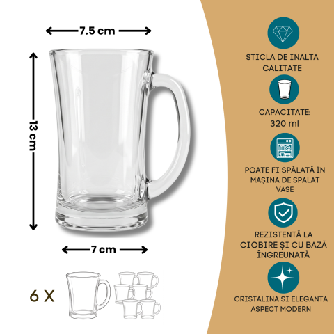 Set 6 căni din sticlă pentru suc 320 ml Delisoga, căni înalte transparente cu mâner pentru suc, fresh, limonadă, smoothie, apă și ceai rece, set căni din sticlă pentru masă și terasă, 6 bucăți [4]