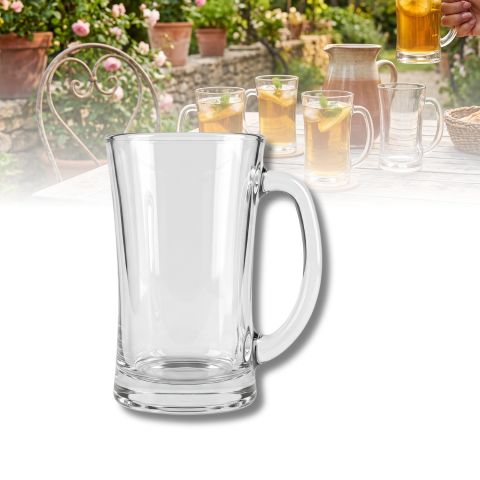 Set 6 căni din sticlă pentru suc 320 ml Delisoga, căni înalte transparente cu mâner pentru suc, fresh, limonadă, smoothie, apă și ceai rece, set căni din sticlă pentru masă și terasă, 6 bucăți