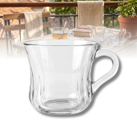 Set 6 căni din sticlă Delisoga, căni transparente cu mâner și formă rotunjită, pentru ceai, cafea, lapte, cappuccino și ciocolată caldă, set căni din sticlă pentru casă și birou, 6 bucăți