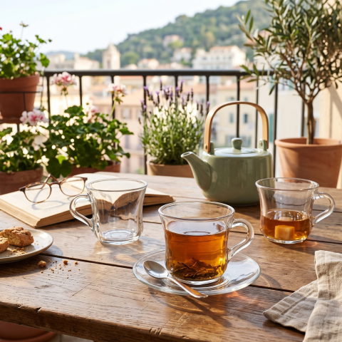 Set 6 căni din sticlă Delisoga, căni transparente cu mâner și formă rotunjită, pentru ceai, cafea, lapte, cappuccino și ciocolată caldă, set căni din sticlă pentru casă și birou, 6 bucăți [1]