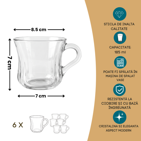 Set 6 căni din sticlă Delisoga, căni transparente cu mâner și formă rotunjită, pentru ceai, cafea, lapte, cappuccino și ciocolată caldă, set căni din sticlă pentru casă și birou, 6 bucăți [4]