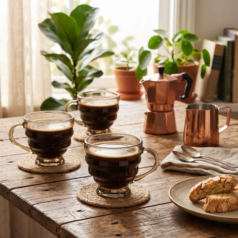 Set 6 căni din sticlă ambrată Delisoga, căni cu mâner și relief orizontal, culoare chihlimbar, pentru ceai, cafea, lapte și ciocolată caldă, set căni sticlă colorată, aspect retro, 6 bucăți [2]