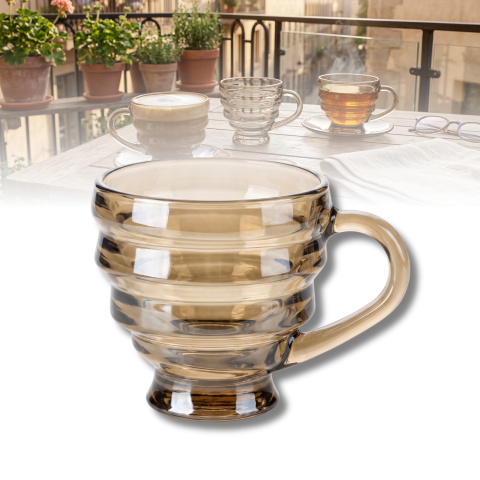 Set 6 căni din sticlă ambrată Delisoga, căni cu mâner și relief orizontal, culoare chihlimbar, pentru ceai, cafea, lapte și ciocolată caldă, set căni sticlă colorată, aspect retro, 6 bucăți