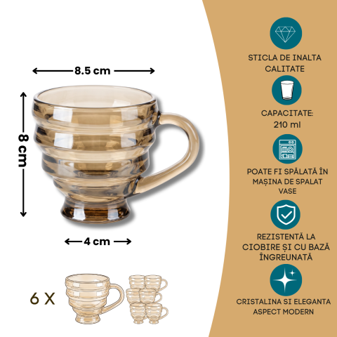 Set 6 căni din sticlă ambrată Delisoga, căni cu mâner și relief orizontal, culoare chihlimbar, pentru ceai, cafea, lapte și ciocolată caldă, set căni sticlă colorată, aspect retro, 6 bucăți [4]