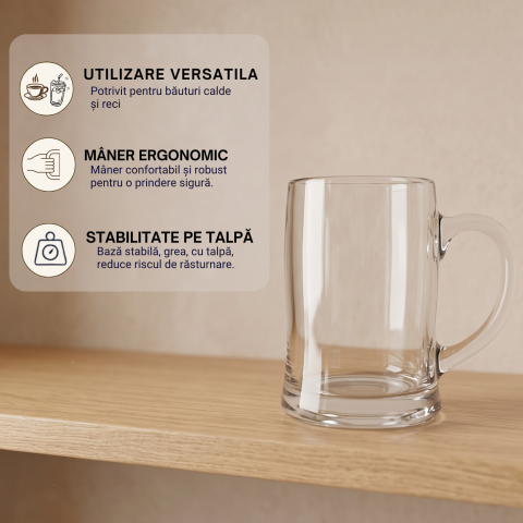 Set 6 căni din sticlă cu mâner Delisoga, căni tip halbă transparente, formă cilindrică, pentru bere, suc, apă, limonadă și ceai rece, căni din sticlă pentru masă, bar și terasă, 6 bucăți [3]