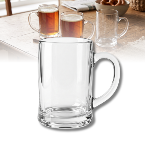 Set 6 căni din sticlă cu mâner Delisoga, căni tip halbă transparente, formă cilindrică, pentru bere, suc, apă, limonadă și ceai rece, căni din sticlă pentru masă, bar și terasă, 6 bucăți