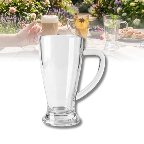 Set 6 căni înalte din sticlă Delisoga, căni transparente cu mâner pentru bere, suc, limonadă, cafea cu gheață, latte și ceai rece, set căni sticlă pentru masă, bar și terasă, 6 bucăți