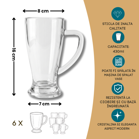 Set 6 căni înalte din sticlă Delisoga, căni transparente cu mâner pentru bere, suc, limonadă, cafea cu gheață, latte și ceai rece, set căni sticlă pentru masă, bar și terasă, 6 bucăți [4]