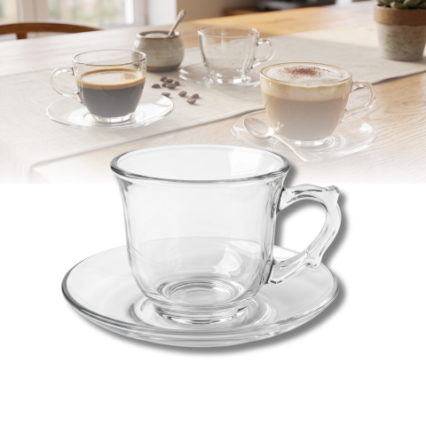 Set 6 cești cu farfurioare din sticlă 240 ml Delisoga, cești transparente cu mâner pentru cafea, cappuccino, latte, ceai și ciocolată caldă, set servire cafea din sticlă pentru musafiri, 12 piese