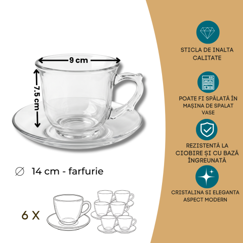 Set 6 cești cu farfurioare din sticlă 240 ml Delisoga, cești transparente cu mâner pentru cafea, cappuccino, latte, ceai și ciocolată caldă, set servire cafea din sticlă pentru musafiri, 12 piese [4]
