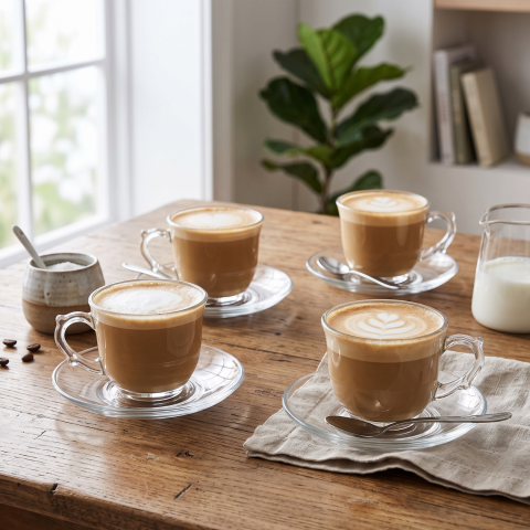 Set 6 cești cu farfurioare din sticlă 240 ml Delisoga, cești transparente cu mâner pentru cafea, cappuccino, latte, ceai și ciocolată caldă, set servire cafea din sticlă pentru musafiri, 12 piese [2]