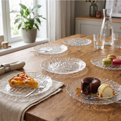 Set 6 farfurii din sticlă Delisoga, farfurii transparente cu model în relief, pentru desert, prăjituri, tort, fructe și aperitive, farfurii de servire din sticlă pentru masă și musafiri, 6 bucăți [1]