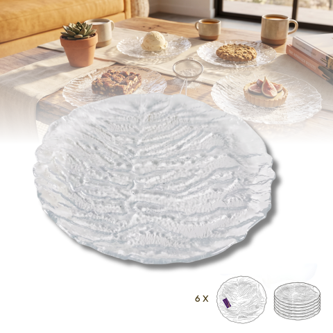 Set 6 farfurii din sticlă Delisoga, farfurii transparente cu model în relief, pentru desert, prăjituri, tort, fructe și aperitive, farfurii de servire din sticlă pentru masă și musafiri, 6 bucăți