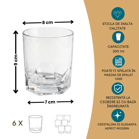 Set 6 pahare whisky din sticlă 300 ml Delisoga, pahare tumbler transparente cu bază fațetată, pentru whisky, coniac, rom, cocktailuri, apă și suc, pahare joase pentru bar acasă, 6 bucăți [4]