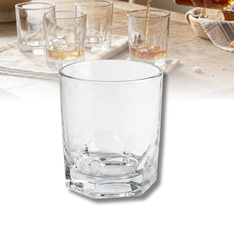 Set 6 pahare whisky din sticlă 300 ml Delisoga, pahare tumbler transparente cu bază fațetată, pentru whisky, coniac, rom, cocktailuri, apă și suc, pahare joase pentru bar acasă, 6 bucăți