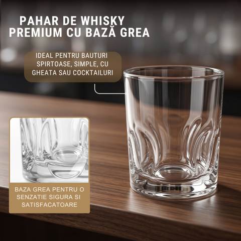 Set 6 pahare whisky din sticlă 330 ml Delisoga, pahare tumbler transparente cu model în relief la bază, pentru whisky, cocktailuri, apă și suc, pahare joase pentru bar și masă, 6 bucăți [3]