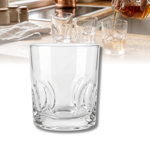 Set 6 pahare whisky din sticlă 330 ml Delisoga, pahare tumbler transparente cu model în relief la bază, pentru whisky, cocktailuri, apă și suc, pahare joase pentru bar și masă, 6 bucăți