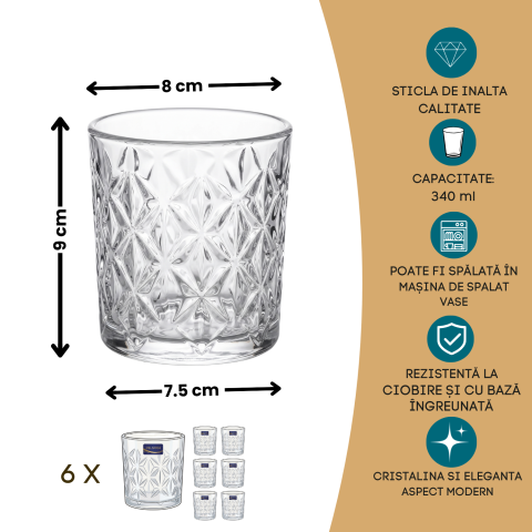 Set 6 pahare din sticlă 340 ml Delisoga, pahare tumbler cu model geometric în relief, pentru apă, suc, cocktailuri, whisky și băuturi cu gheață, pahare transparente pentru bar și masă, 6 bucăți [4]