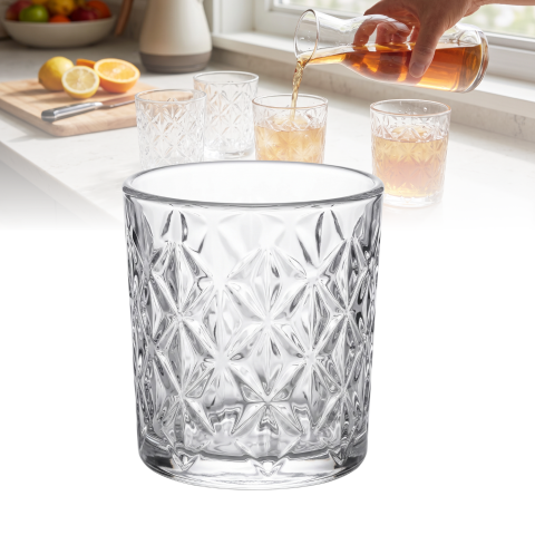 Set 6 pahare din sticlă 340 ml Delisoga, pahare tumbler cu model geometric în relief, pentru apă, suc, cocktailuri, whisky și băuturi cu gheață, pahare transparente pentru bar și masă, 6 bucăți