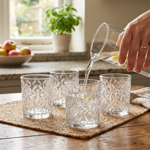 Set 6 pahare din sticlă 340 ml Delisoga, pahare tumbler cu model geometric în relief, pentru apă, suc, cocktailuri, whisky și băuturi cu gheață, pahare transparente pentru bar și masă, 6 bucăți [2]