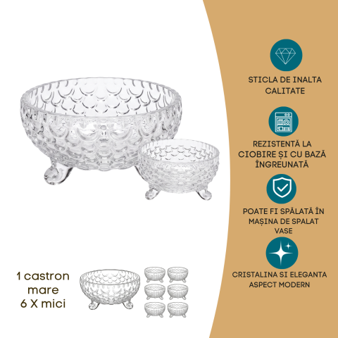 Set boluri din sticlă cu picior Delisoga, 1 bol mare și 6 boluri mici, model cu bule în relief, pentru salate, fructe, deserturi și înghețată, set de servire 7 piese transparent, aspect vintage [3]