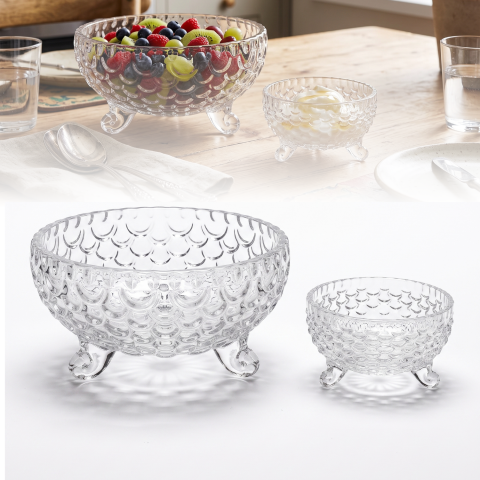 Set boluri din sticlă cu picior Delisoga, 1 bol mare și 6 boluri mici, model cu bule în relief, pentru salate, fructe, deserturi și înghețată, set de servire 7 piese transparent, aspect vintage