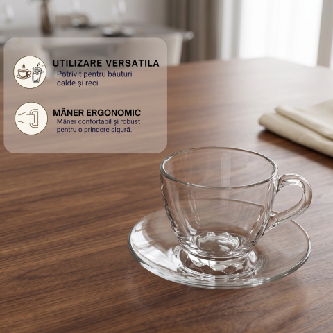 Set căni din sticlă cu farfurioare 190 ml Delisoga, căni transparente cu mâner pentru cafea, cappuccino, ceai și ciocolată caldă, set de servire cafea din sticlă, căni cu farfurii pentru musafiri [2]
