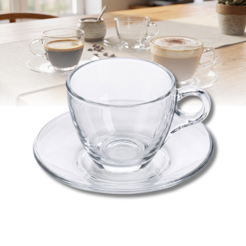 Set căni din sticlă cu farfurioare 190 ml Delisoga, căni transparente cu mâner pentru cafea, cappuccino, ceai și ciocolată caldă, set de servire cafea din sticlă, căni cu farfurii pentru musafiri